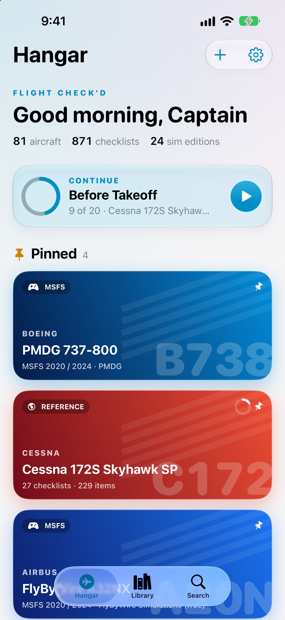 Flight Check'd Hangar with pinned aircraft and saved progress