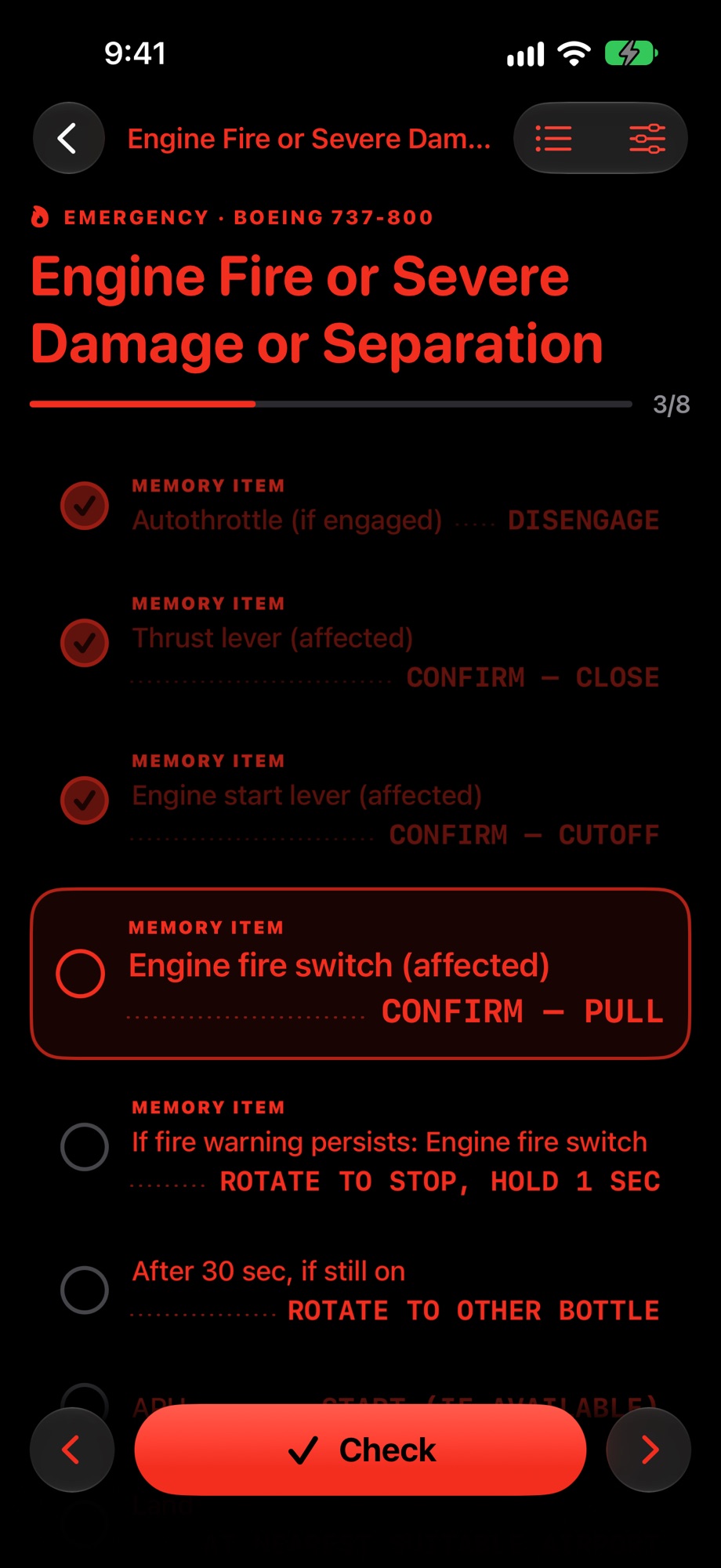Flight Check'd checklist with red night lighting
