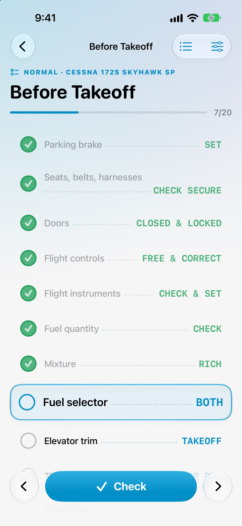 Flight Check'd showing a Cessna 172S Before Takeoff checklist with one item highlighted